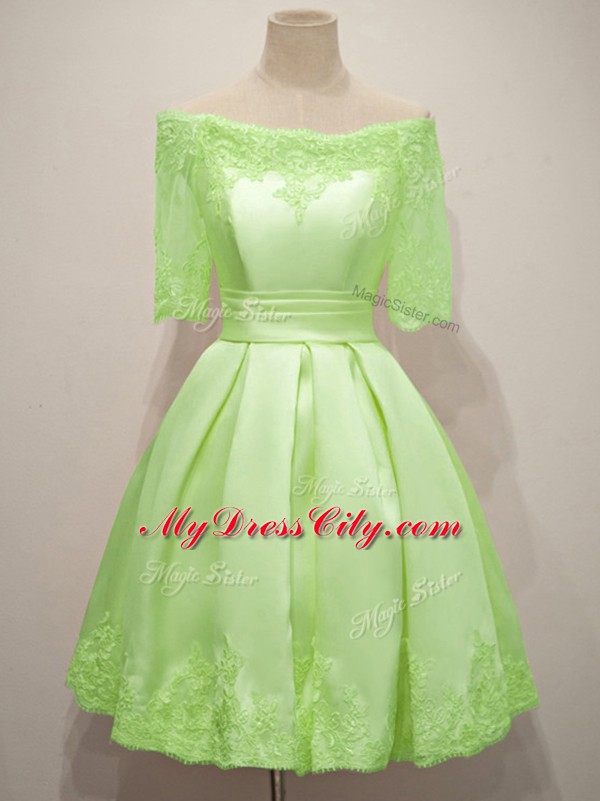 Yellow Green Off The Shoulder Neckline Lace Wedding Guest Dresses Half Sleeves Lace Up