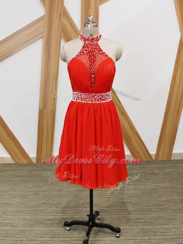 Fabulous Beading and Ruching Prom Party Dress Coral Red Zipper Sleeveless