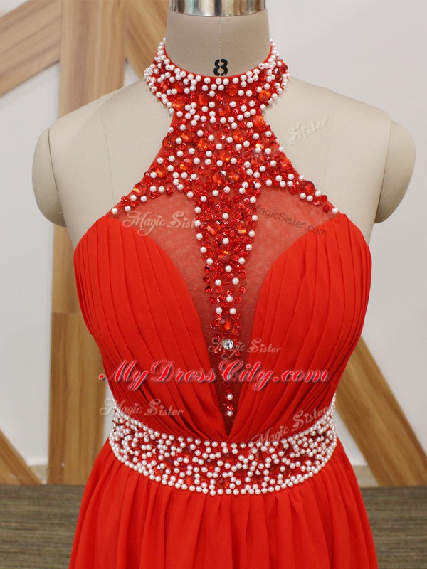 Fabulous Beading and Ruching Prom Party Dress Coral Red Zipper Sleeveless