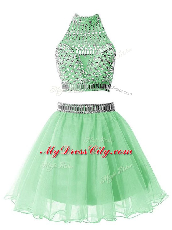 Eye-catching Mini Length Apple Green Wedding Party Dress Organza Sleeveless Beading