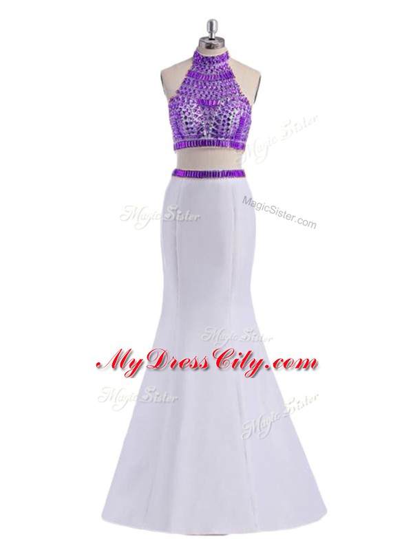 White And Purple Criss Cross Halter Top Beading Prom Dress Satin Sleeveless