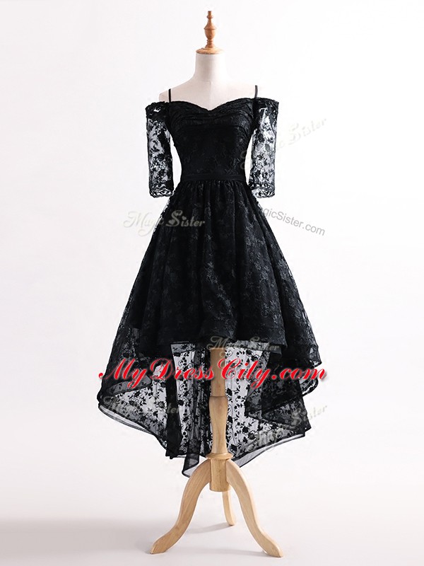 New Style Black A-line Tulle Straps Half Sleeves Lace High Low Lace Up Prom Dress