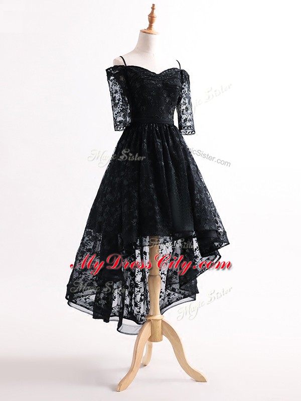 New Style Black A-line Tulle Straps Half Sleeves Lace High Low Lace Up Prom Dress