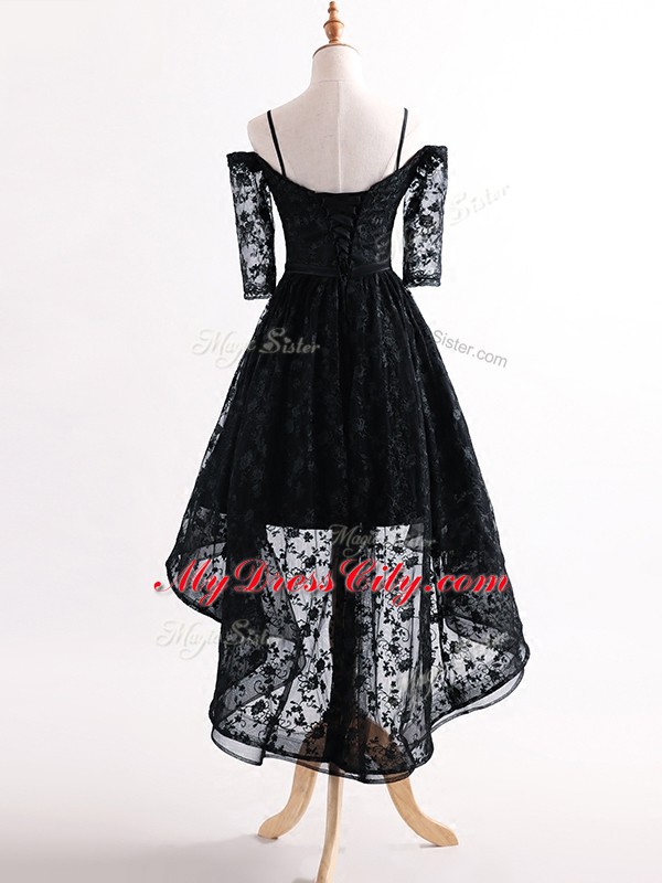 New Style Black A-line Tulle Straps Half Sleeves Lace High Low Lace Up Prom Dress