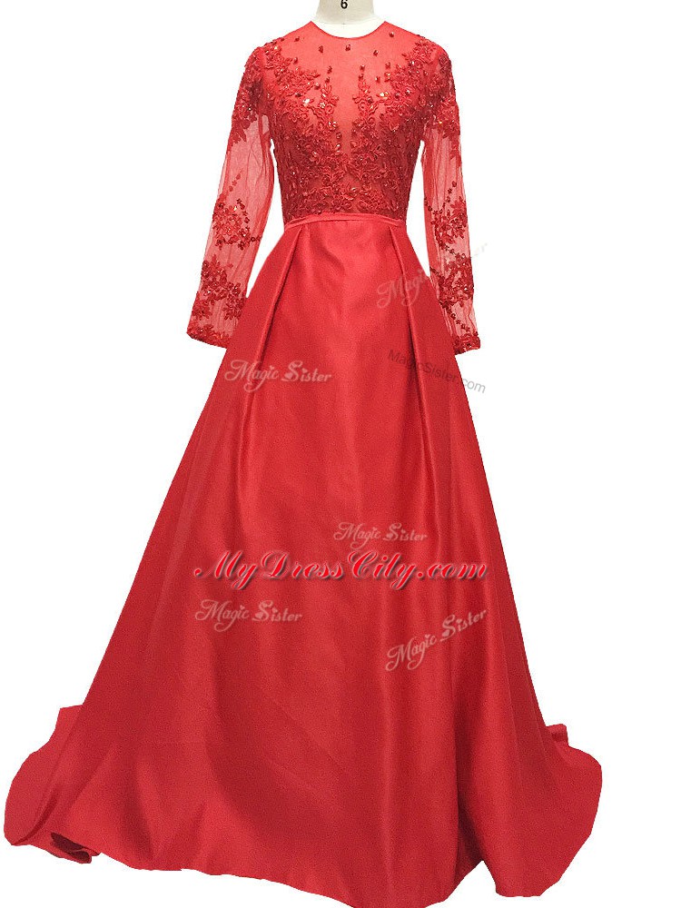 Red High-neck Neckline Lace and Appliques Mother Dresses Long Sleeves Zipper