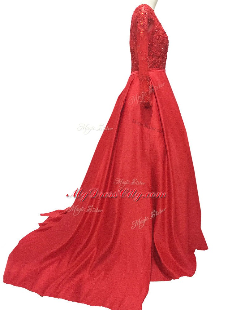 Red High-neck Neckline Lace and Appliques Mother Dresses Long Sleeves Zipper