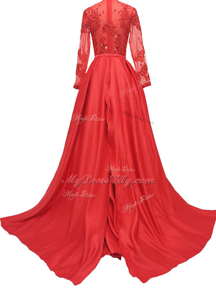 Red High-neck Neckline Lace and Appliques Mother Dresses Long Sleeves Zipper