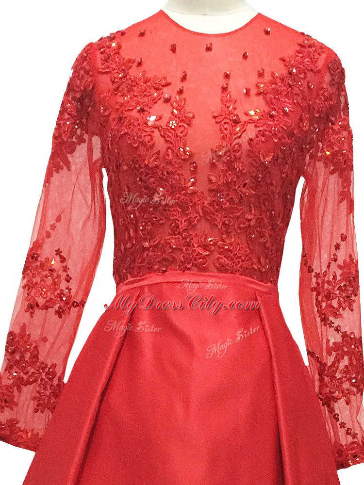 Red High-neck Neckline Lace and Appliques Mother Dresses Long Sleeves Zipper