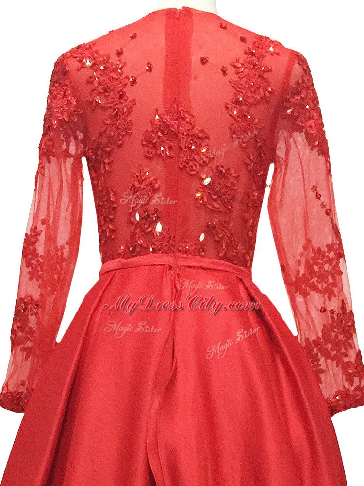 Red High-neck Neckline Lace and Appliques Mother Dresses Long Sleeves Zipper