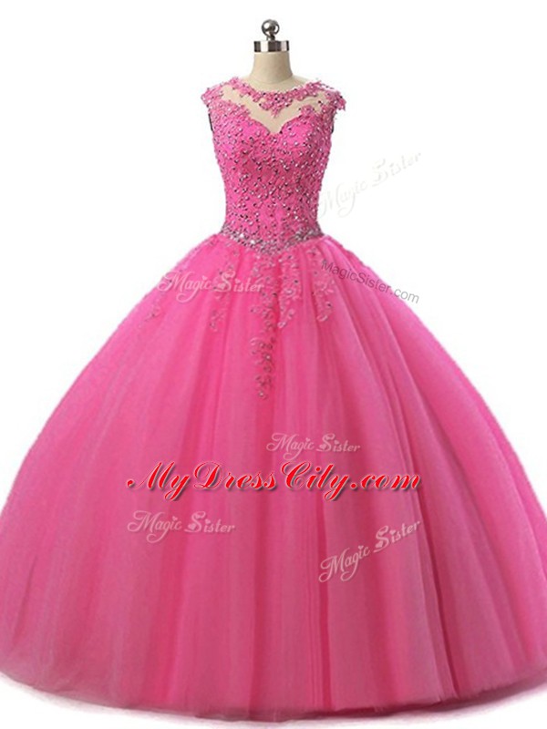 Cheap Floor Length Ball Gowns Sleeveless Hot Pink Sweet 16 Dress Lace Up