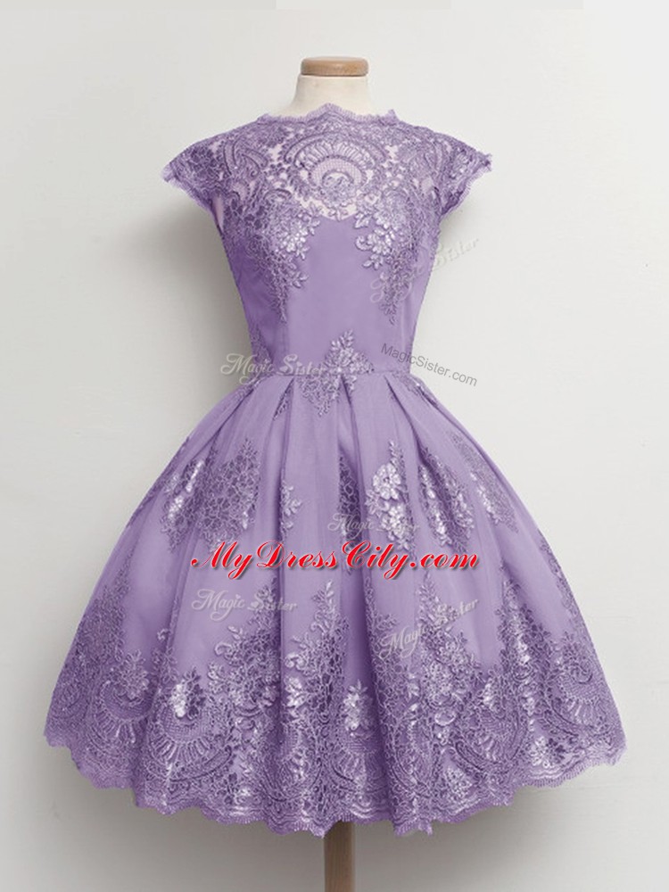 Ideal Scalloped Cap Sleeves Lace Up Vestidos de Damas Lavender Lace