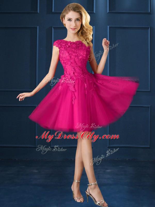 Bateau Cap Sleeves Lace Up Vestidos de Damas Fuchsia Tulle