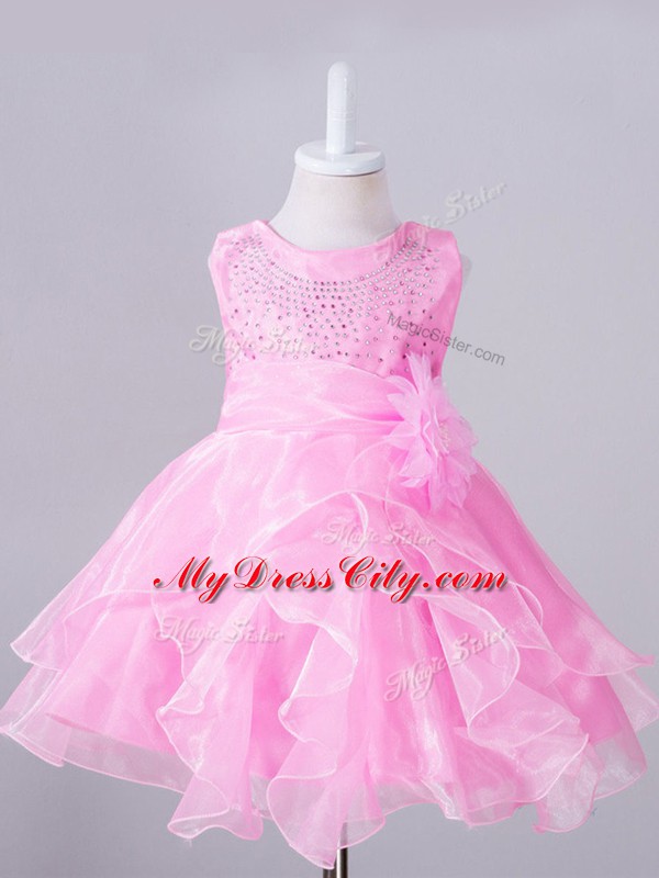 Adorable Organza Scoop Sleeveless Zipper Beading and Hand Made Flower Flower Girl Dresses for Less in Rose Pink