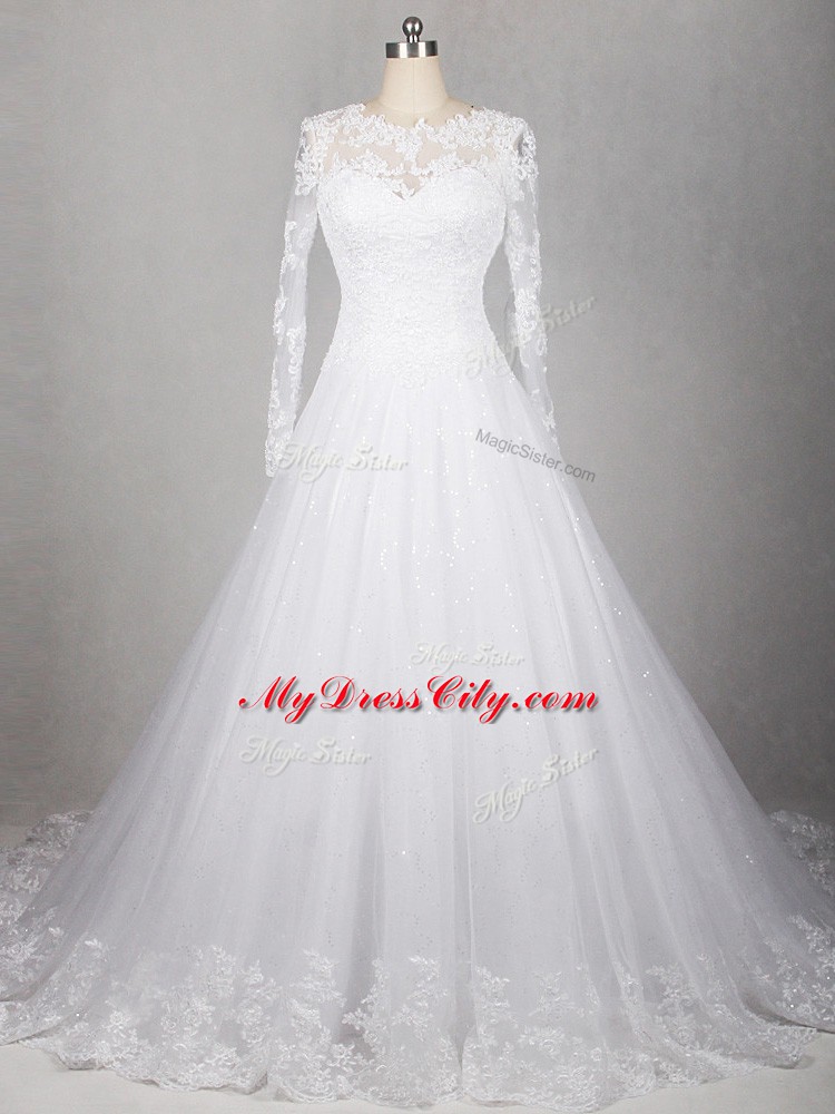 Side Zipper Wedding Dresses White for Wedding Party with Lace Brush Train