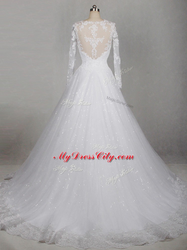 Side Zipper Wedding Dresses White for Wedding Party with Lace Brush Train