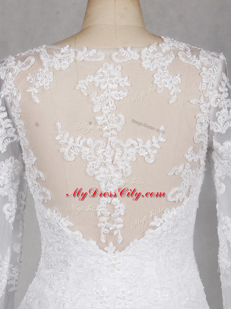 Side Zipper Wedding Dresses White for Wedding Party with Lace Brush Train