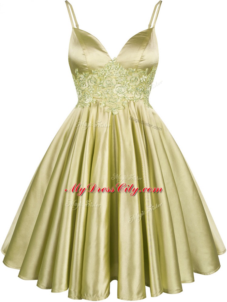 Olive Green Elastic Woven Satin Lace Up Spaghetti Straps Sleeveless Knee Length Wedding Party Dress Lace