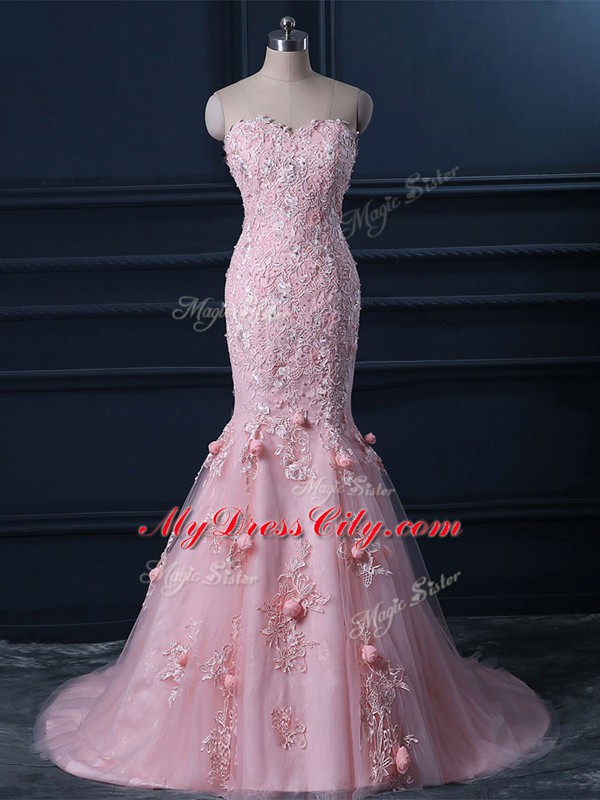 Baby Pink Prom Gown Tulle Brush Train Sleeveless Appliques and Hand Made Flower