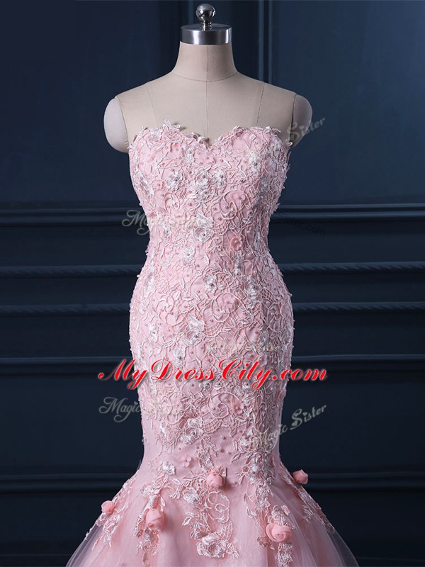 Baby Pink Prom Gown Tulle Brush Train Sleeveless Appliques and Hand Made Flower