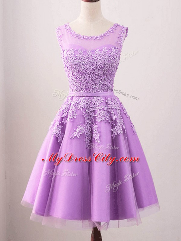 Lilac Scoop Neckline Lace Bridesmaid Dress Sleeveless Lace Up