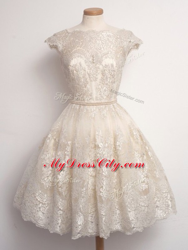 Super Scalloped Cap Sleeves Court Dresses for Sweet 16 Knee Length Lace Champagne Lace