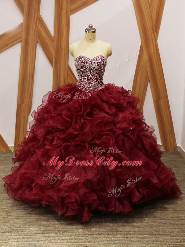 Brush Train Ball Gowns Sweet 16 Quinceanera Dress Burgundy Sweetheart Organza Sleeveless Lace Up