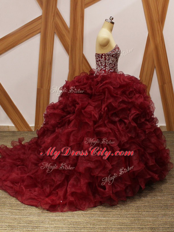 Brush Train Ball Gowns Sweet 16 Quinceanera Dress Burgundy Sweetheart Organza Sleeveless Lace Up