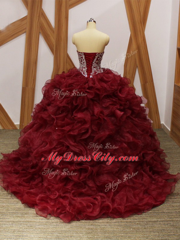 Brush Train Ball Gowns Sweet 16 Quinceanera Dress Burgundy Sweetheart Organza Sleeveless Lace Up