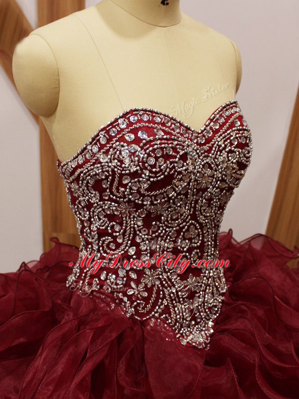 Brush Train Ball Gowns Sweet 16 Quinceanera Dress Burgundy Sweetheart Organza Sleeveless Lace Up