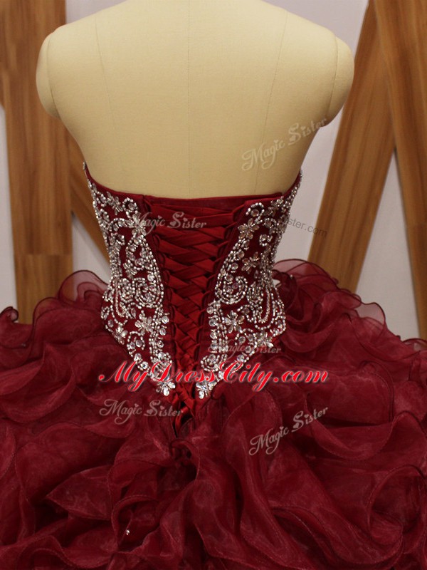 Brush Train Ball Gowns Sweet 16 Quinceanera Dress Burgundy Sweetheart Organza Sleeveless Lace Up