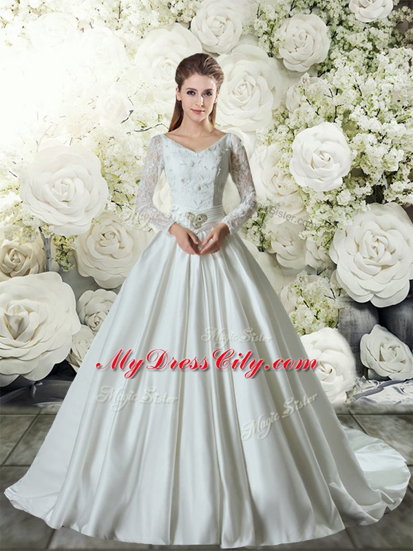 Designer Taffeta Long Sleeves Wedding Gowns Chapel Train and Lace and Belt