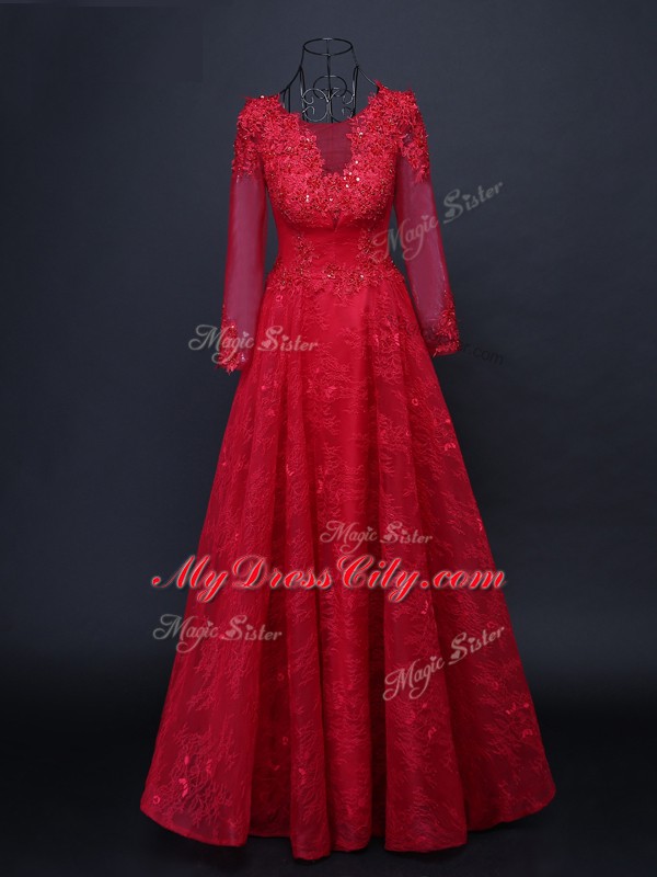 Red Long Sleeves Lace and Appliques Floor Length Mother of Groom Dress