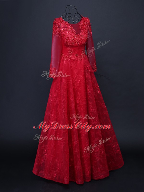 Red Long Sleeves Lace and Appliques Floor Length Mother of Groom Dress