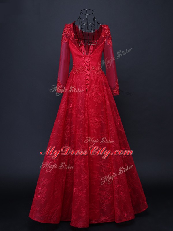 Red Long Sleeves Lace and Appliques Floor Length Mother of Groom Dress