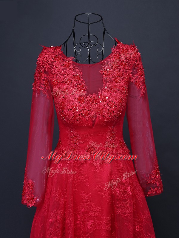 Red Long Sleeves Lace and Appliques Floor Length Mother of Groom Dress