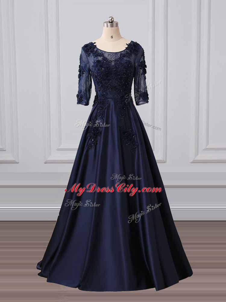 Dazzling Navy Blue 3 4 Length Sleeve Satin Brush Train Zipper Mother of Bride Dresses for Party and Sweet 16