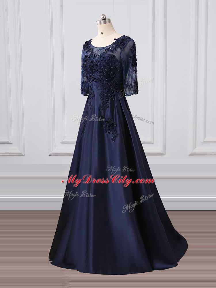 Dazzling Navy Blue 3 4 Length Sleeve Satin Brush Train Zipper Mother of Bride Dresses for Party and Sweet 16