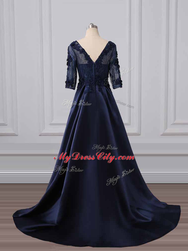 Dazzling Navy Blue 3 4 Length Sleeve Satin Brush Train Zipper Mother of Bride Dresses for Party and Sweet 16