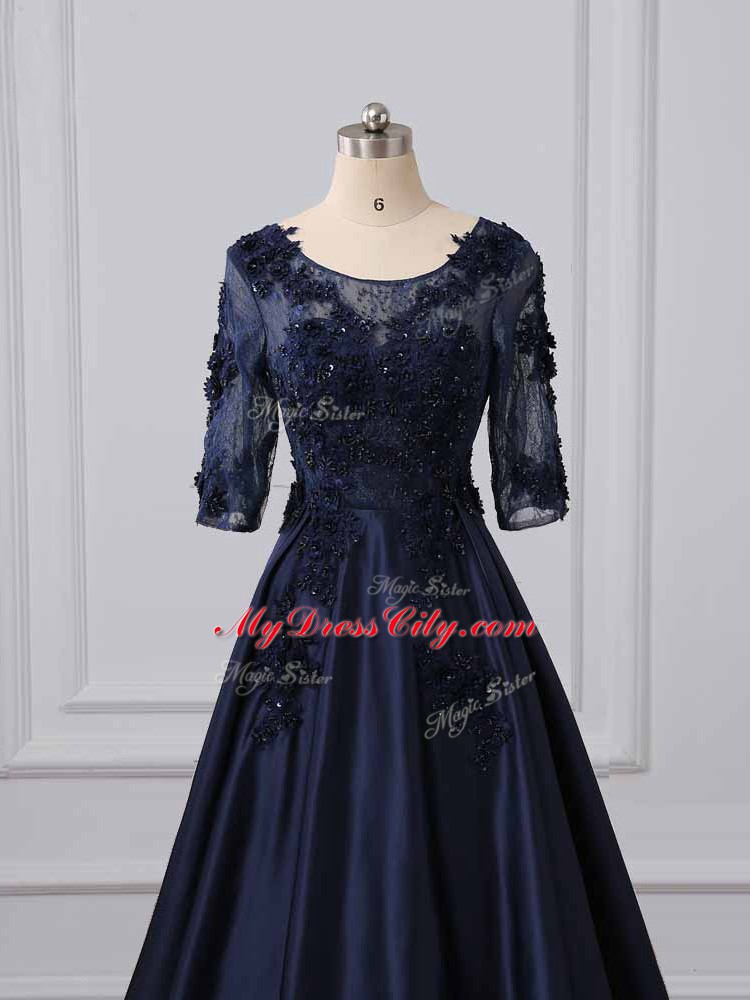 Dazzling Navy Blue 3 4 Length Sleeve Satin Brush Train Zipper Mother of Bride Dresses for Party and Sweet 16