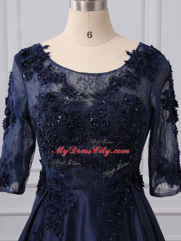 Dazzling Navy Blue 3 4 Length Sleeve Satin Brush Train Zipper Mother of Bride Dresses for Party and Sweet 16