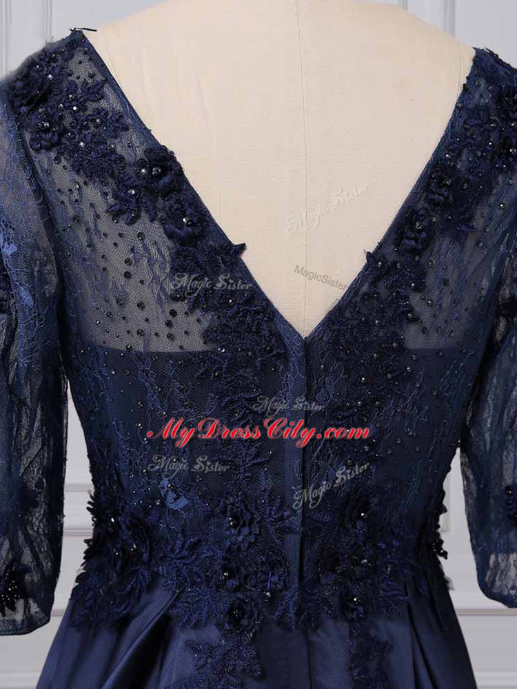 Dazzling Navy Blue 3 4 Length Sleeve Satin Brush Train Zipper Mother of Bride Dresses for Party and Sweet 16