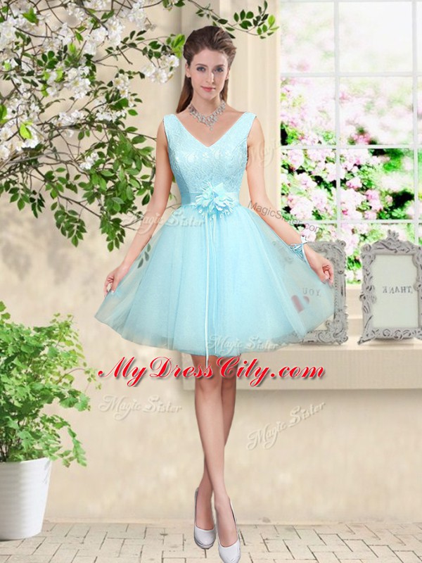 Aqua Blue V-neck Neckline Lace and Belt Bridesmaid Dress Sleeveless Lace Up