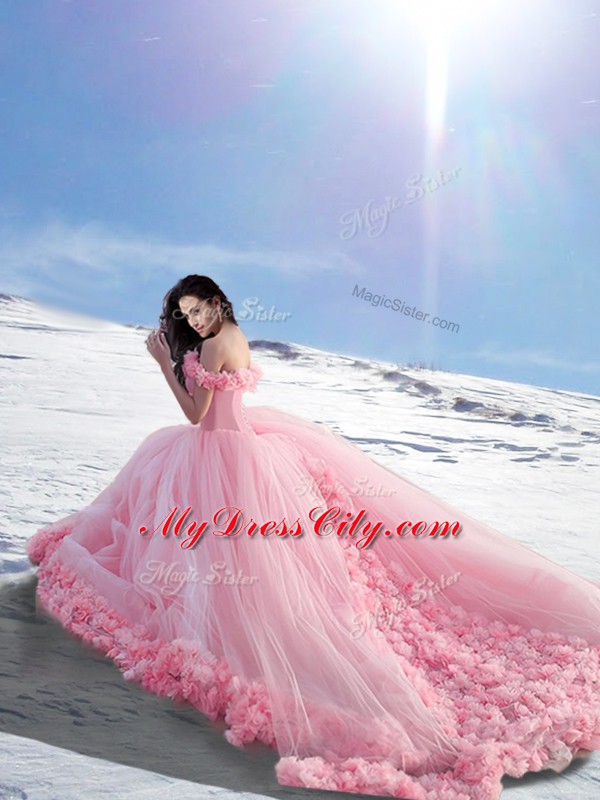 Luxurious Sleeveless Brush Train Hand Made Flower Lace Up Quinceanera Dresses