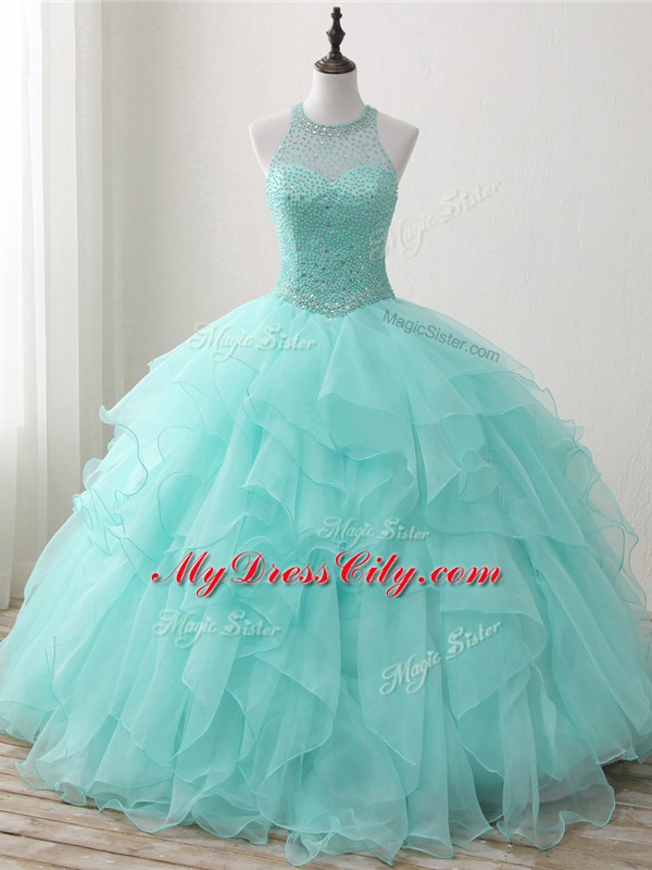 Apple Green Ball Gowns Organza Scoop Sleeveless Beading and Ruffles Floor Length Lace Up Quinceanera Dresses