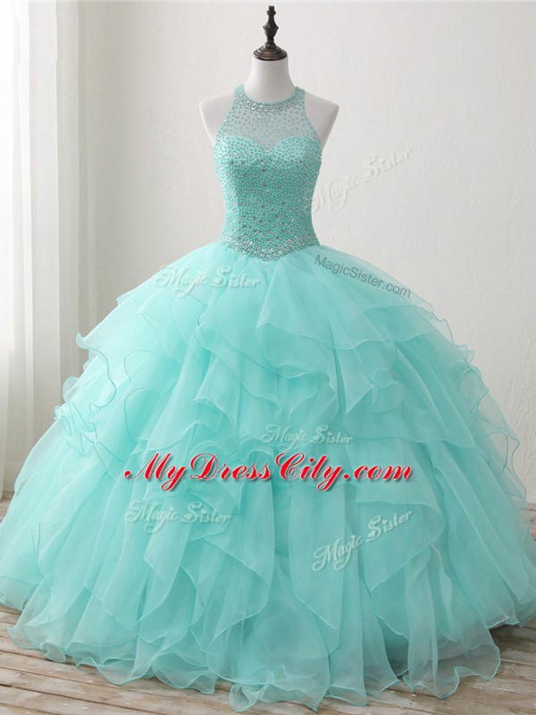 Apple Green Ball Gowns Organza Scoop Sleeveless Beading and Ruffles Floor Length Lace Up Quinceanera Dresses