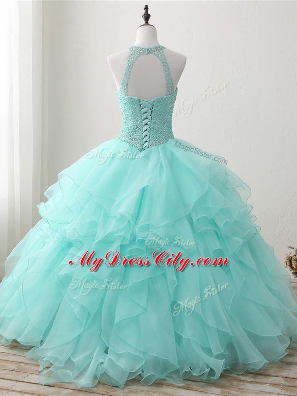 Apple Green Ball Gowns Organza Scoop Sleeveless Beading and Ruffles Floor Length Lace Up Quinceanera Dresses