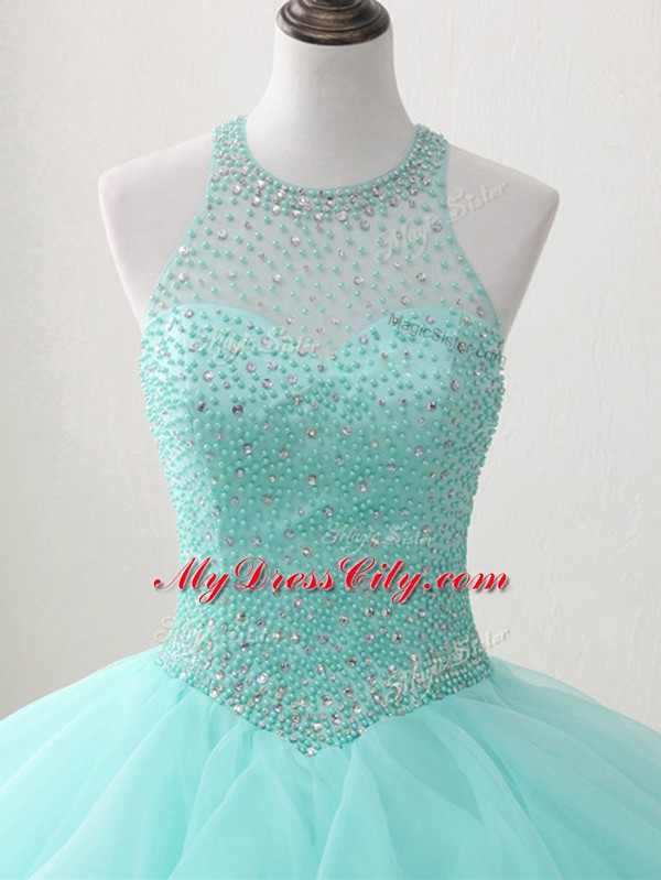 Apple Green Ball Gowns Organza Scoop Sleeveless Beading and Ruffles Floor Length Lace Up Quinceanera Dresses