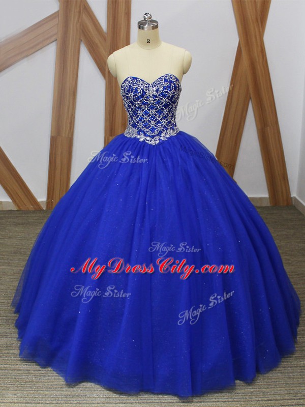 Comfortable Sleeveless Floor Length Beading Lace Up 15th Birthday Dress with Royal Blue