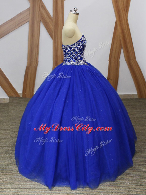 Comfortable Sleeveless Floor Length Beading Lace Up 15th Birthday Dress with Royal Blue