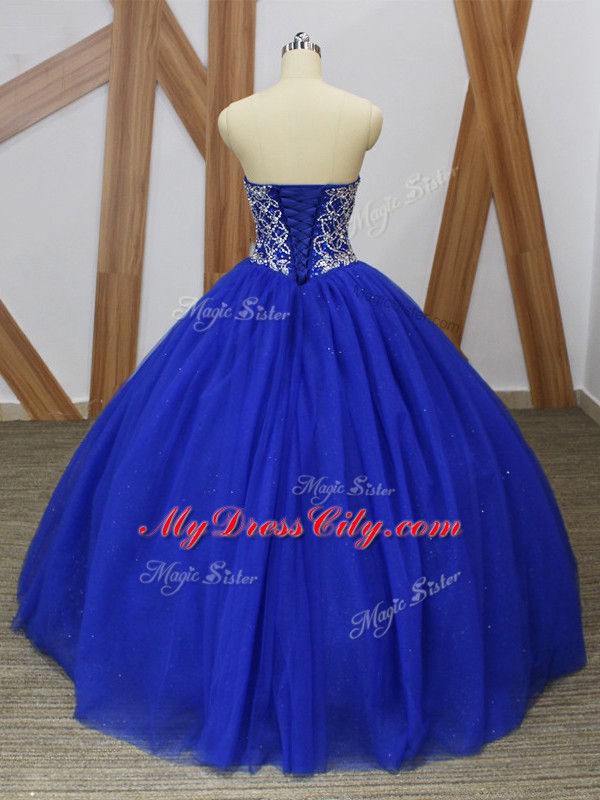 Comfortable Sleeveless Floor Length Beading Lace Up 15th Birthday Dress with Royal Blue